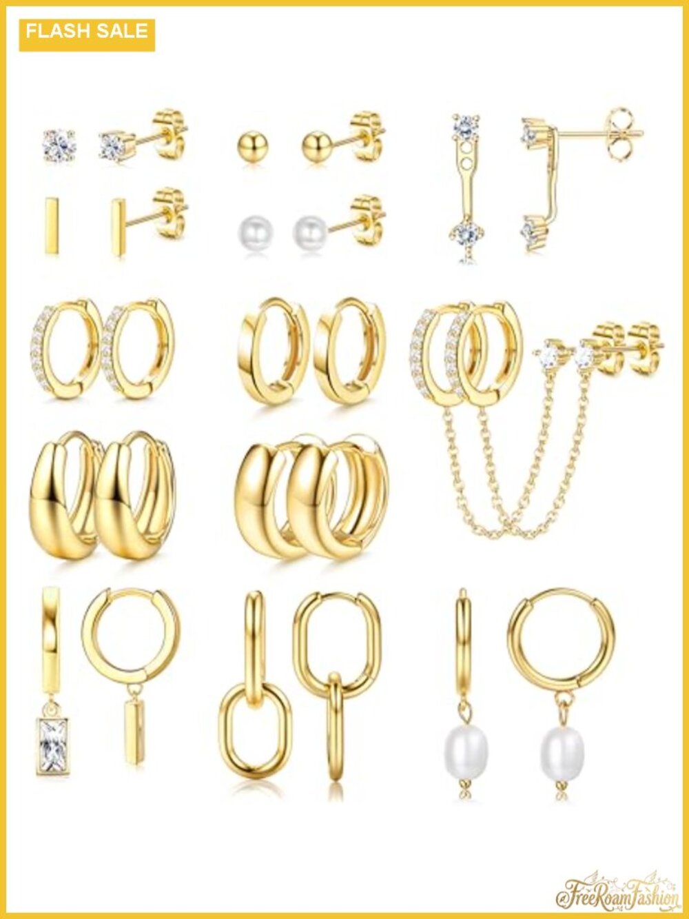 13 Pair Earring Set for Women, Stud Hoop Dangle, Hypoallergenic 14K Gold Plated